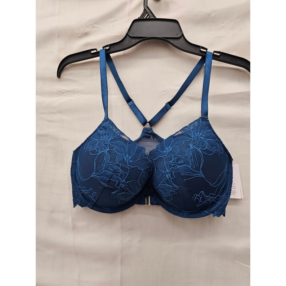 Auden Womens Lace Front Close Push Up Plunge Bra Blue Nylon Blend Size 34DD